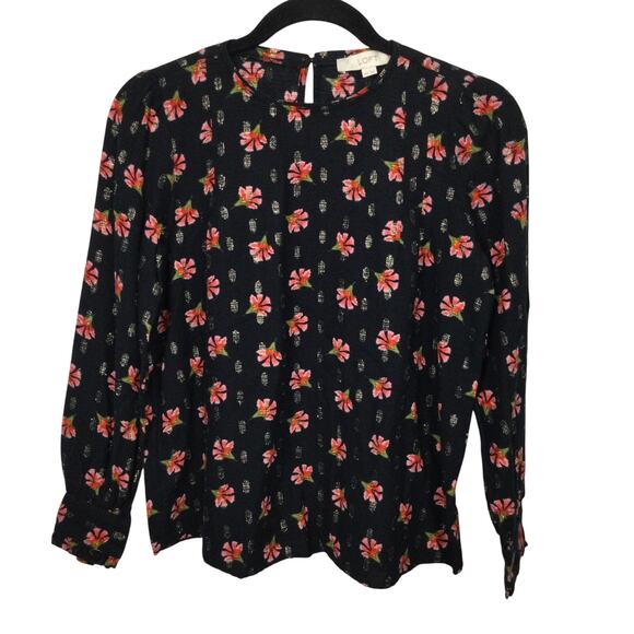 Loft Floral Round Neck Whimsygoth Feminine Long Sleeve Dark Cottagecore Top XSP - Picture 1 of 11